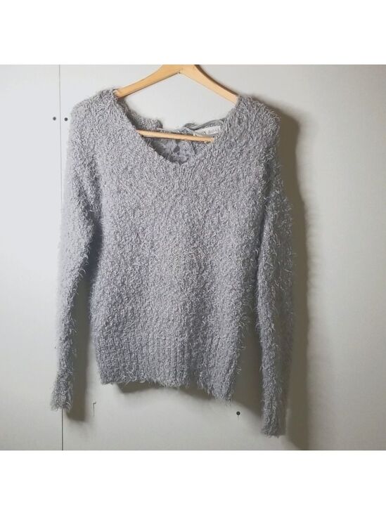 Knox Rose Sweaters - Knox Rose Fuzzy Gray sweater w/lace back detail.